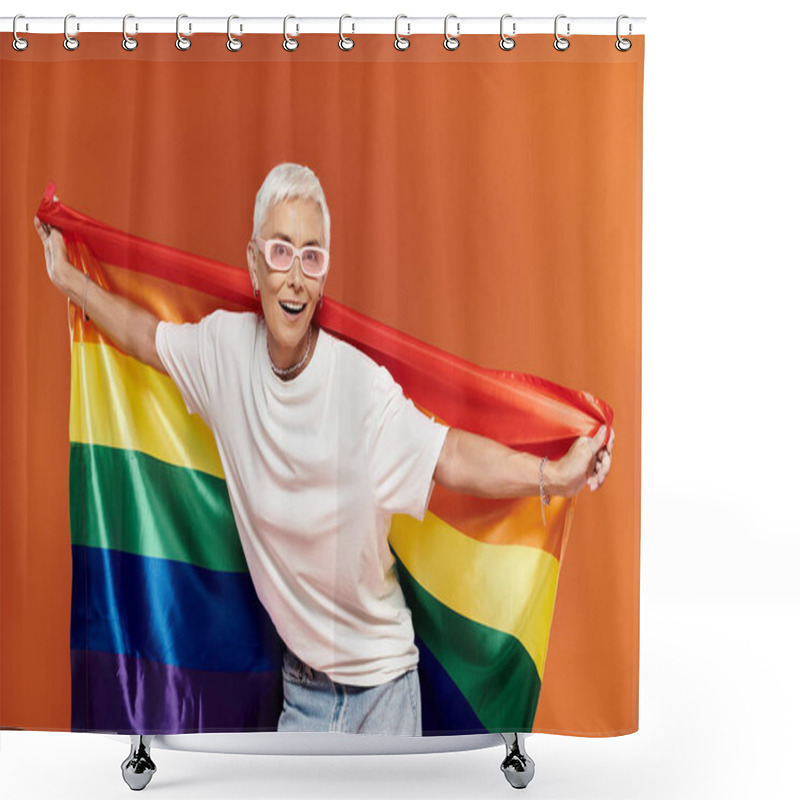 Personality  A Joyful Woman Holds A Rainbow Flag, Radiating Pride And Confidence In Vibrant Attire. Shower Curtains