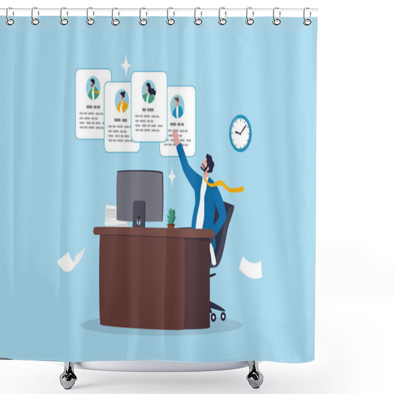 Personality  Employee Management System, Attendance Or Candidate Analysis, Customer Management System, CRM Or Recruitment Applicant System Concept, Businessman Manage People With Employee Online Application. Shower Curtains