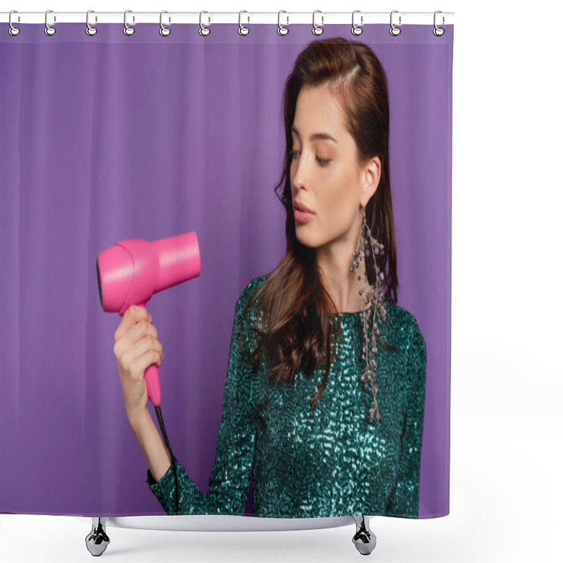 Personality  Young Beautiful Woman Looking At Pink Hair Dryer Isolated On Purple Shower Curtains