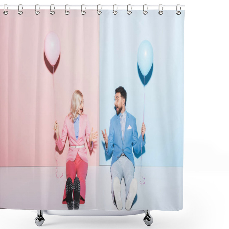 Personality  Shocked Woman And Handsome Man Holding Balloons On Pink And Blue Background  Shower Curtains