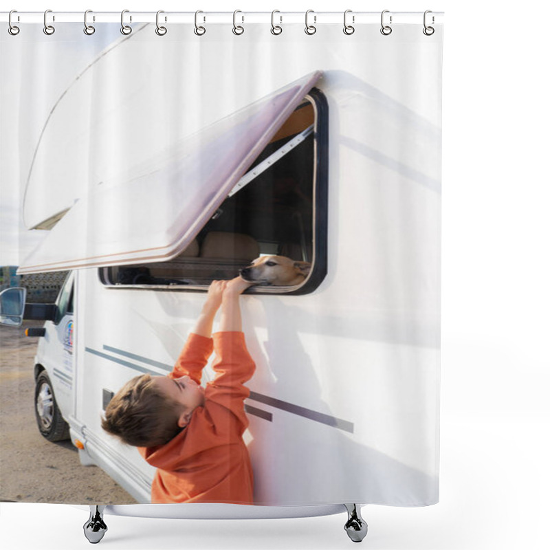 Personality  Boy And Dog Traveling In A Motor Home Together Shower Curtains