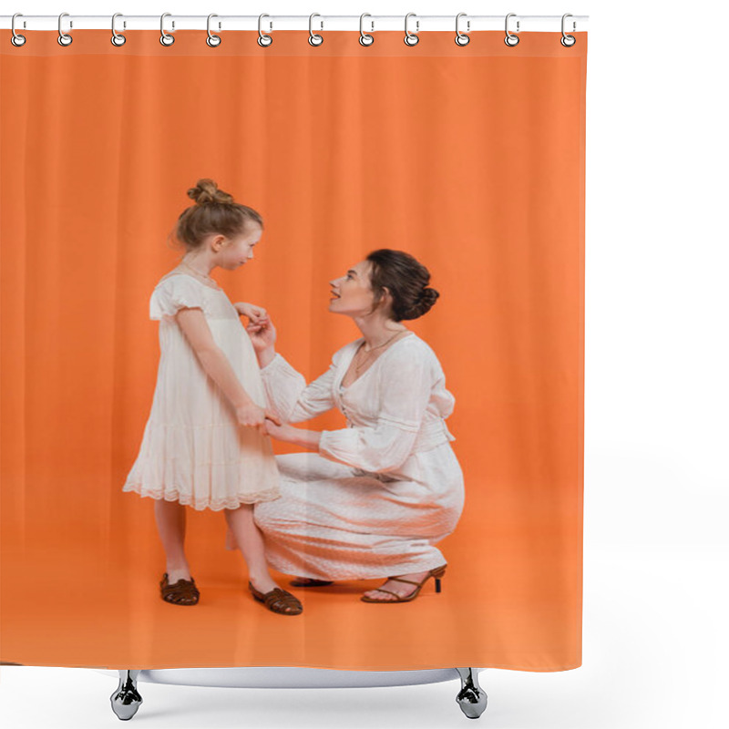 Personality  Summer Trends, Amazed Young Mother Holding Hands With Preteen Daughter On Orange Background, White Sun Dresses, Togetherness, Fashion And Style Concept, Bonding And Love  Shower Curtains