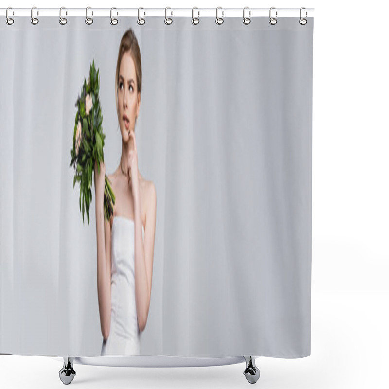 Personality  Horizontal Image Of Pensive Girl In White Wedding Dress Holding Bouquet Of Flowers On Grey  Shower Curtains