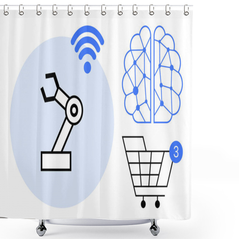 Personality  Robotic Arm With Wireless Signal, Neural Network Diagram, Shopping Cart With Notification Bubble. Ideal For Technology, Artificial Intelligence, Robotics, Machine Learning, E-commerce, Innovation Shower Curtains