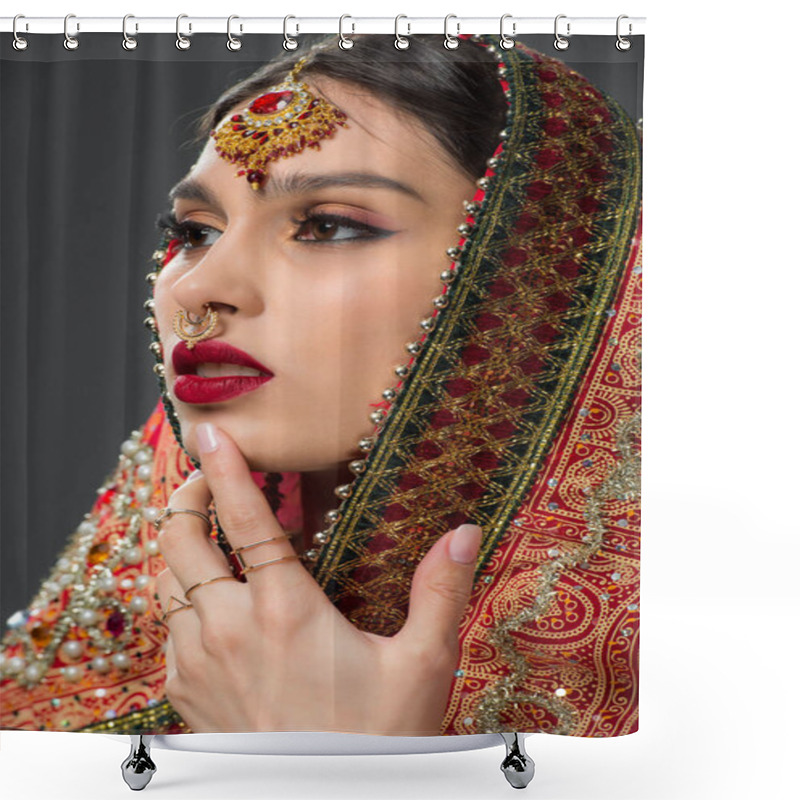 Personality  Indian Beauty Posing In Traditional Sari And Bindi, Isolated On Grey  Shower Curtains