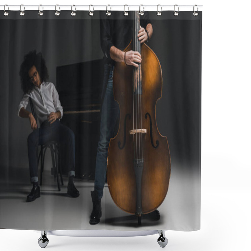 Personality  Cropped Shot Of Man Playing Violoncello While His Depressed Partner Sitting At Piano Blurred On Background Shower Curtains