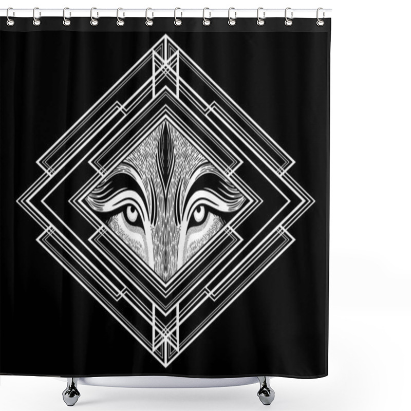 Personality  Wolf Eyes In Geometric Setting.Dreamy Magic Art. Night, Nature, Wicca Symbol. Isolated Vector Illustration. Great Outdoors, Tattoo And T-shirt Design. Shower Curtains