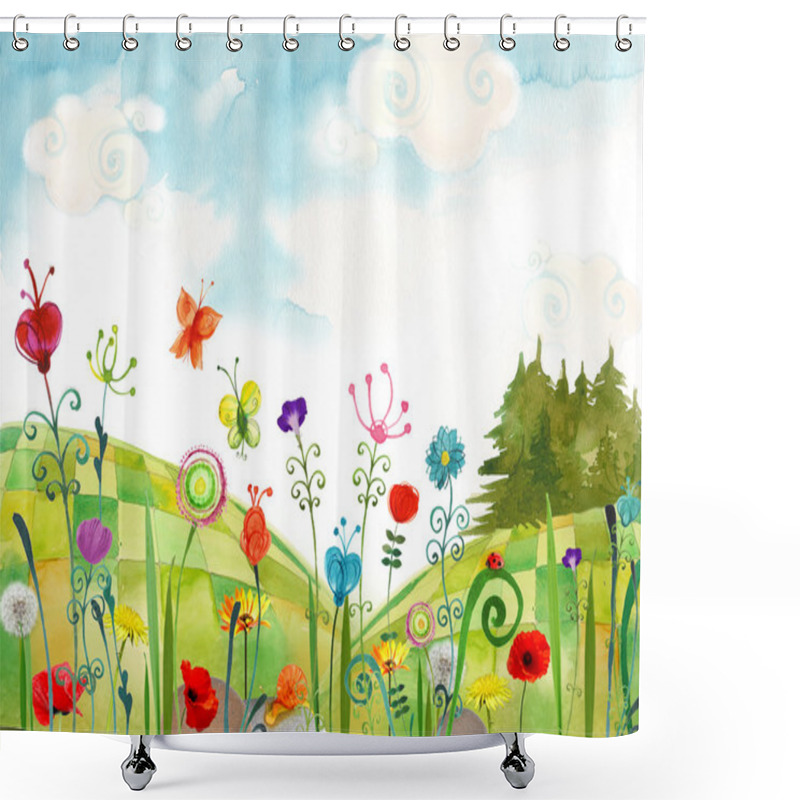 Personality  Summer Illustration Of Field Of Flowers, Ladybird And Butterfly Shower Curtains