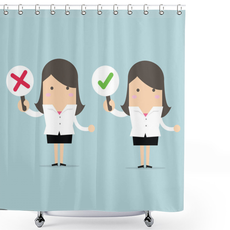 Personality  Businesswoman With Right And Wrong Signs. Shower Curtains