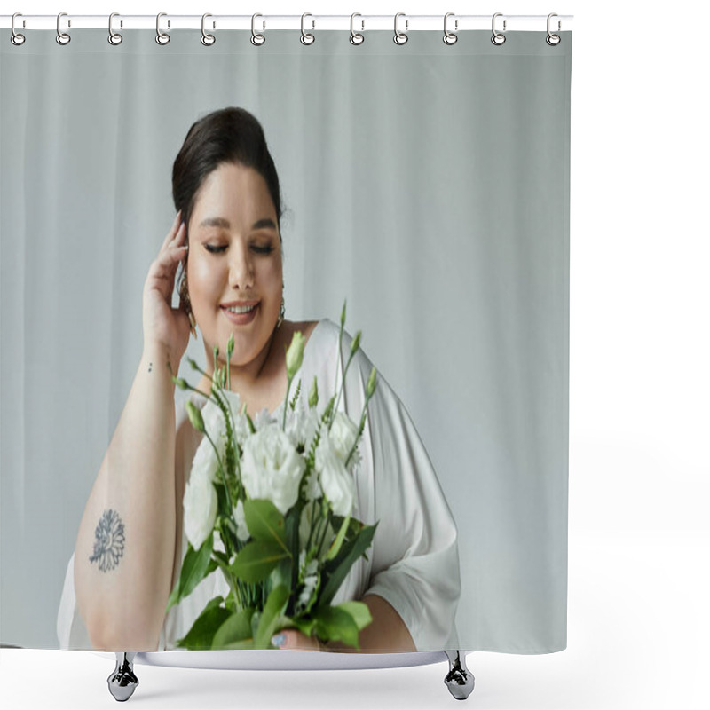 Personality  A Beautiful Bride In A White Dress Smiles Softly, Holding A Bouquet Of White Roses On A Neutral Grey Background. Shower Curtains