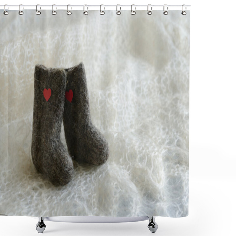 Personality  Tiny Felted Valenki With Hearts On Knitted Downy Shawl Shower Curtains