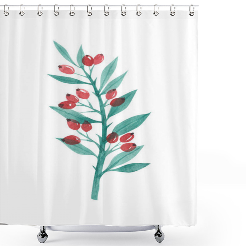 Personality  Watercolor Twigs With Berries And Leaves, Everlasting Twigs, Summer Theme, Wedding Decor, Scrapbooking Shower Curtains