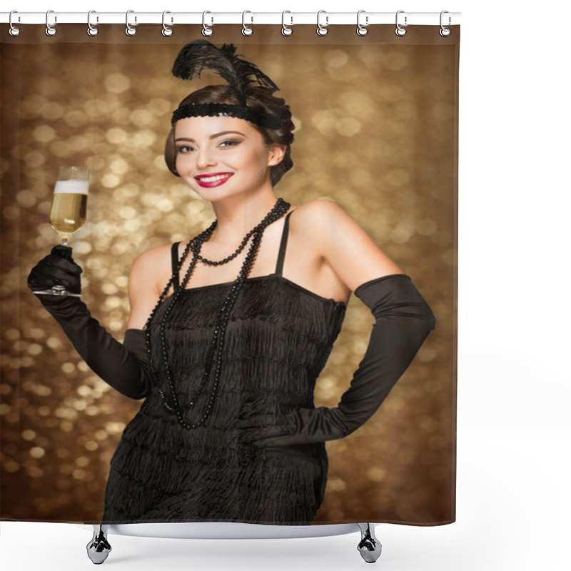 Personality  Portrait Of 20s Style Festive Beauty With Glass Of Champagne. Shower Curtains