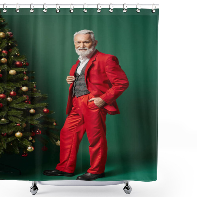 Personality  Classy Santa In Red Suit With White Beard Posing Near Fir Tree With Hand In Pocket, Winter Concept Shower Curtains