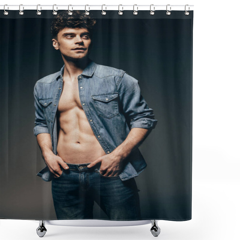 Personality  Handsome Fashionable Man Posing In Denim Shirt Isolated On Dark Grey Shower Curtains