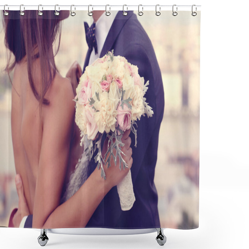 Personality  Detail Of A Bride And Groom Embracing. Bride Holding Beautiful Wedding Bouquet Shower Curtains