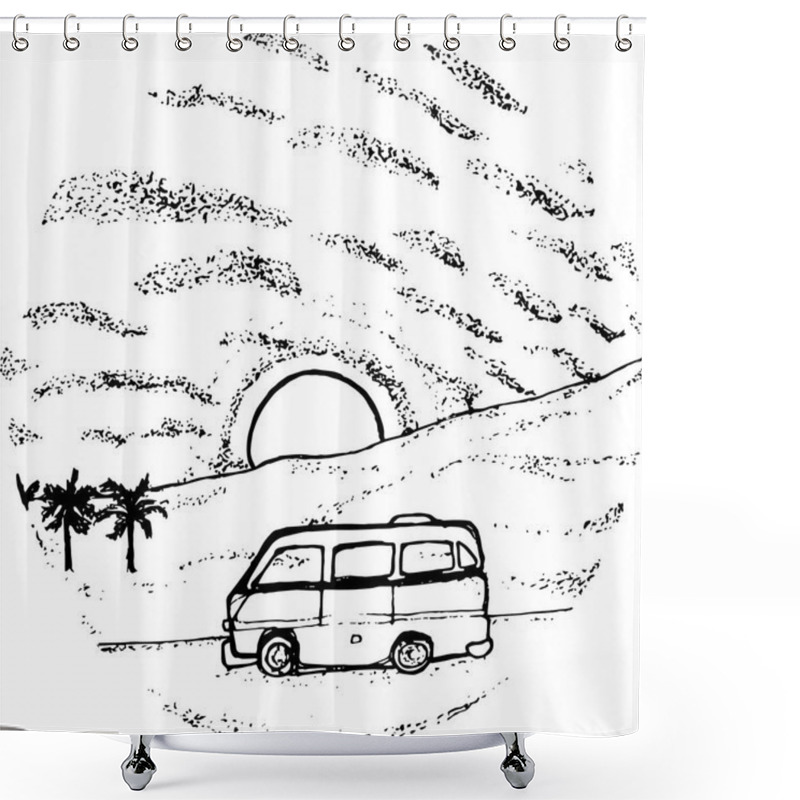 Personality  Black And White Wagon, Sunset, Palm, Clouds. Shower Curtains