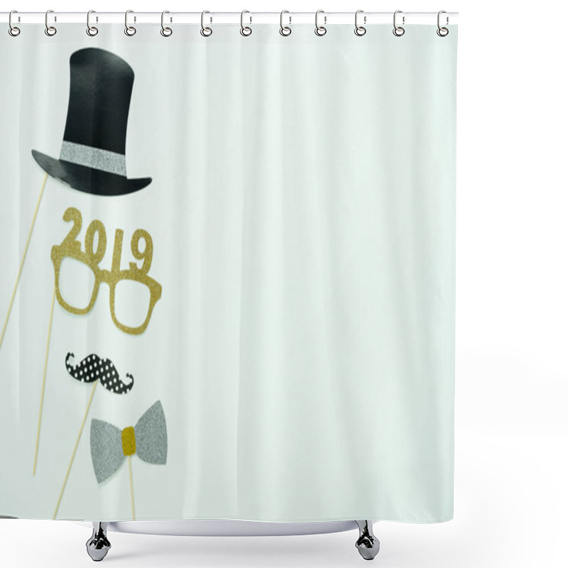 Personality  Table Top View Of Merry Christmas Decorations & Happy New Year 2019 Ornaments Concept.Flat Lay Essential Difference Objects To Party Season The Photo Booth Prob On Modern White Wooden  Background. Shower Curtains