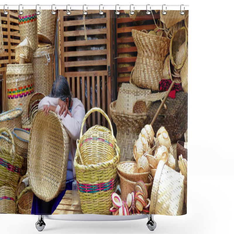 Personality  Cuenca, Ecuador - March 24, 2019: Indigenous Woman Trader Sleeping On Basket At Her Trade Place At Craft Market In Cuenca Among Woven Bags And Baskets And Other Handmade Crafts Product Shower Curtains