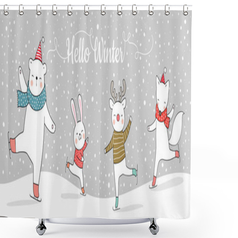 Personality  Banner With Funny Animals Playing In Snow For Christmas Card Shower Curtains