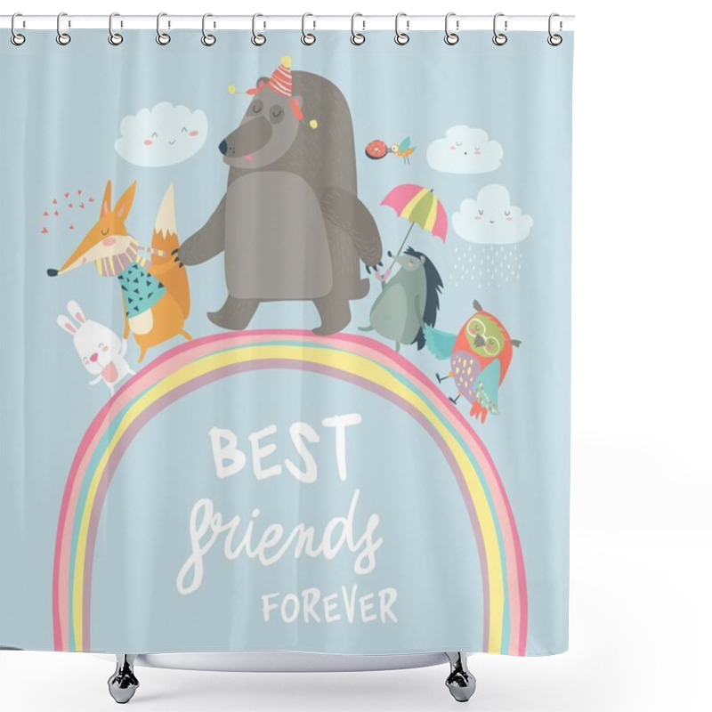 Personality  Happy Animals Walking On Rainbow Shower Curtains