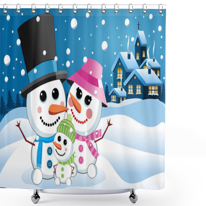 Personality  Happy Snowman Family Under Snowfall Against Nighttime Landscape Shower Curtains