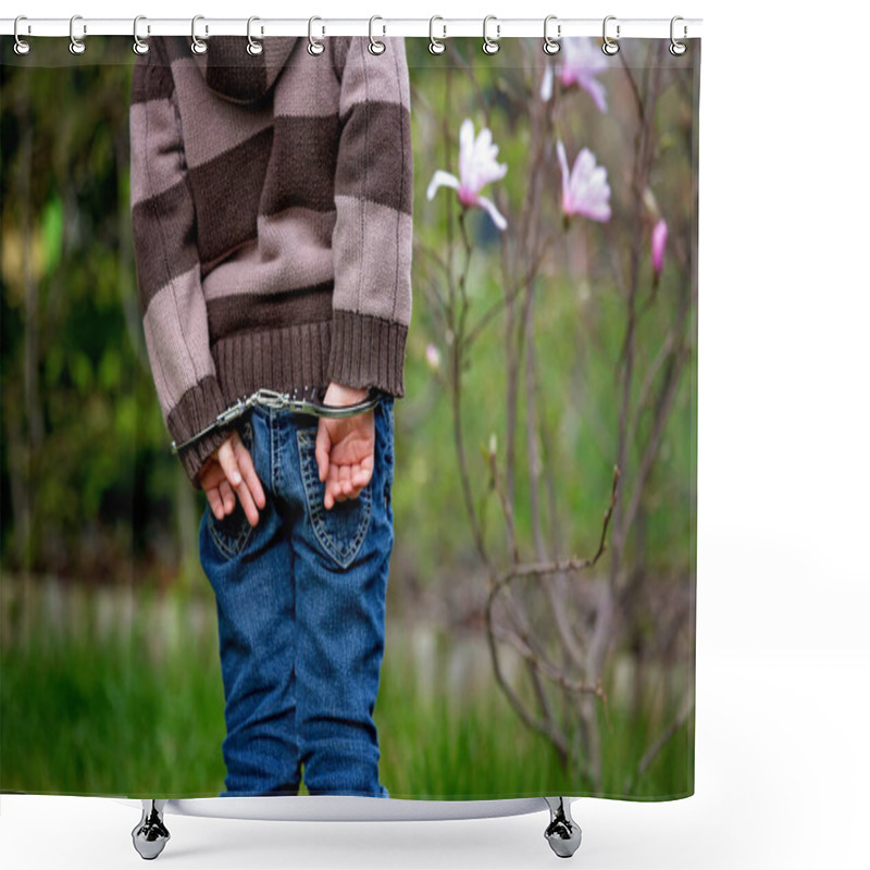 Personality  Child, Boy In Handcuffs, Standing Backwards In Garden, Waiting Shower Curtains