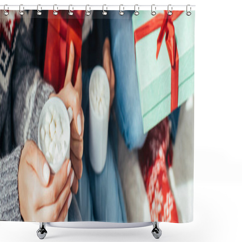 Personality  Family In Sweaters Holding Cups With Drinks On Christmas, Banner Shower Curtains