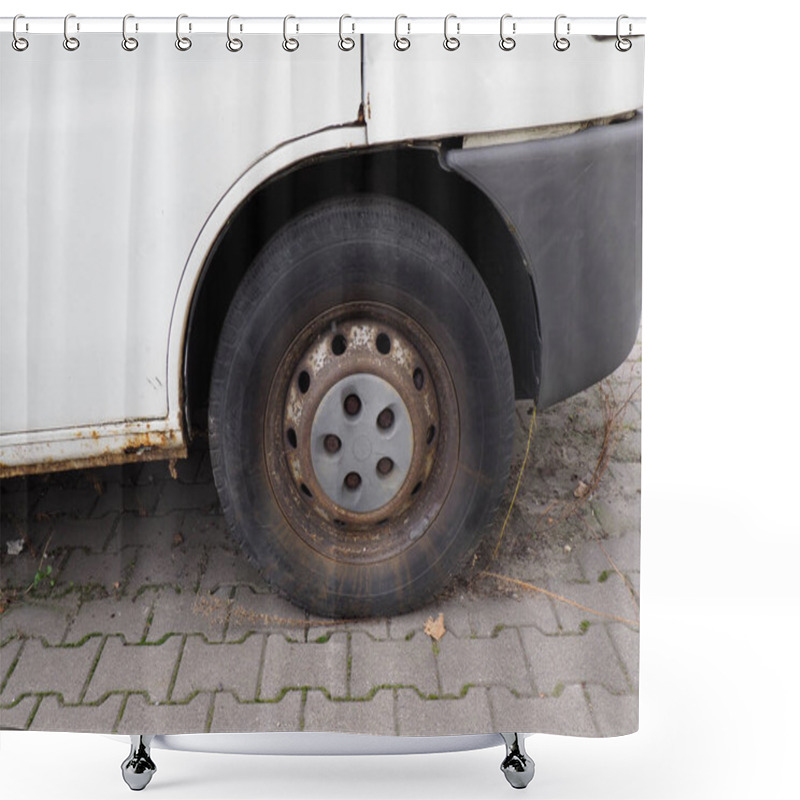 Personality  Old White Car With Rusty Wheel On Cobblestone Pavement Shower Curtains