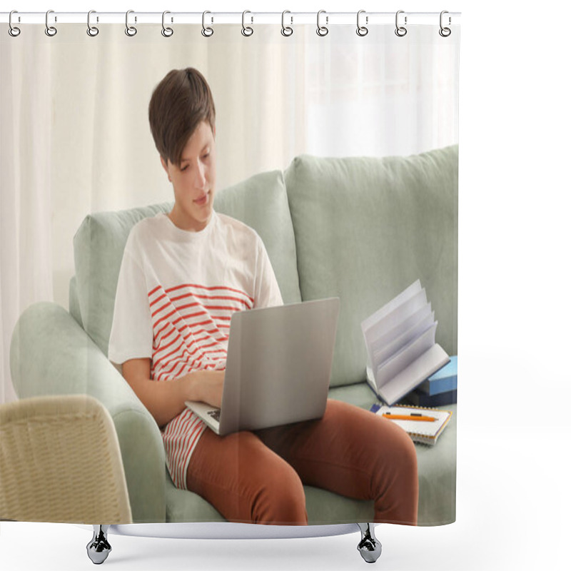 Personality  Cute Teenager Boy Using Laptop While Doing Homework Indoors Shower Curtains