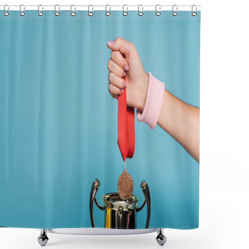 Personality  Cropped View Of Sportswoman Holding Medal Near Golden Cup Isolated On Blue Shower Curtains