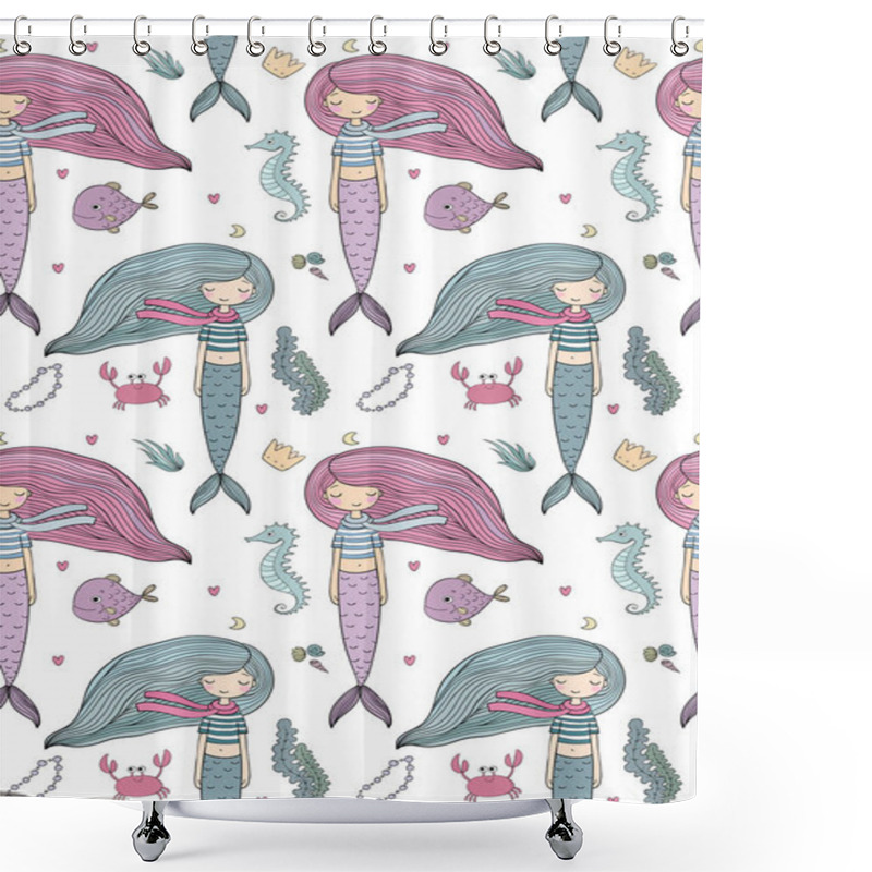 Personality  Pattern With Cute Little Mermaid. Siren. Sea Theme. Shower Curtains