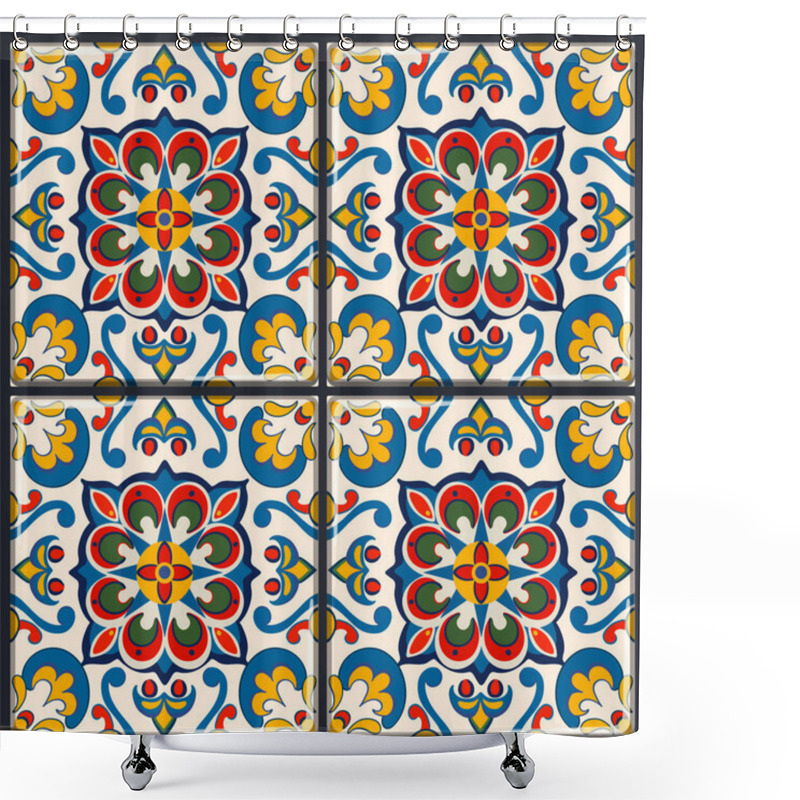 Personality  Vibrant Floral And Geometric Tile Design Shower Curtains