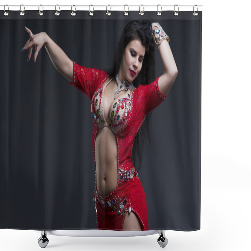 Personality  Young Beautiful Exotic Eastern Women In Ethnic Red Dress On Gray Background Shower Curtains