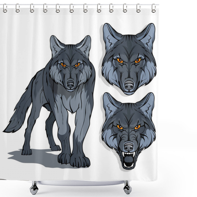 Personality  Wolf, Isolated On White Background, Colour Illustration, Suitable As Logo Or Team Mascot, Dangerous Forest Predator, Wolf's Head, Wild Animal, Gray Wolf In Full Growth, Vector Graphics To Design Shower Curtains