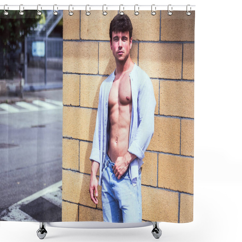 Personality  A Young Man Stands Against A Textured Yellow Wall In A City Setting, Wearing A Casual Outfit With An Open Shirt And Jeans, Displaying A Fit Physique And A Relaxed Pose. Shower Curtains