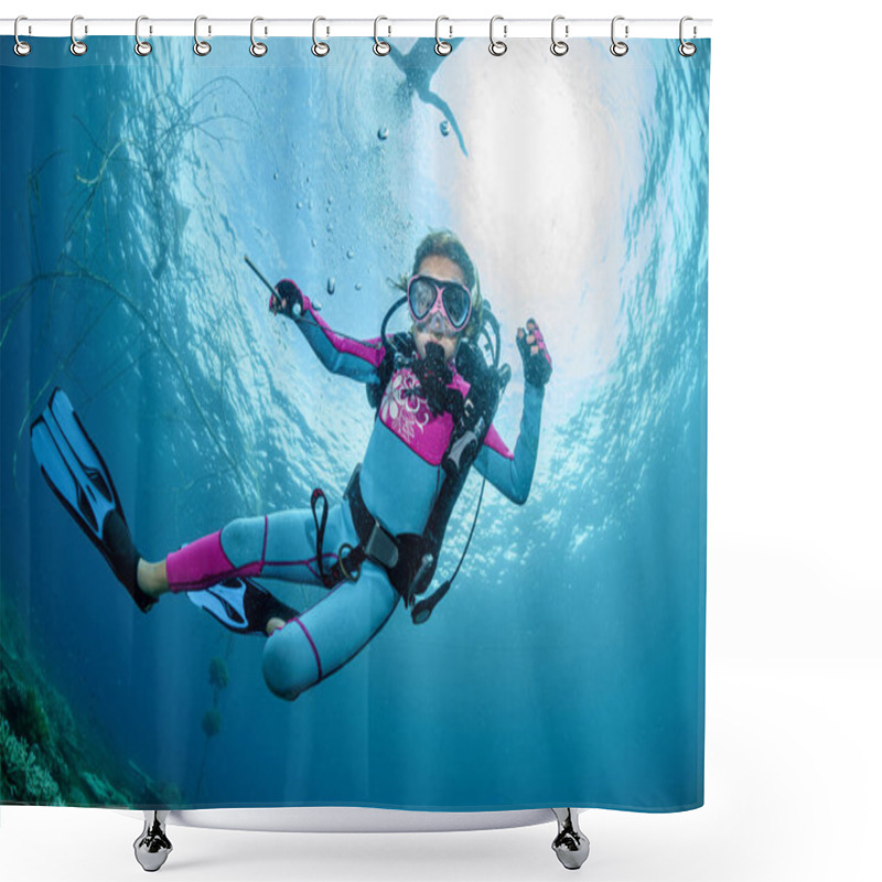 Personality  Happy Little Girl Dives Into The Blue Water Of The Ocean In Scuba Gear, Mask And Fins In The Rays Of Sunlight, Looking At The Camera At The Photographer. Lifestyle Travel, Beach Adventure, Summer Shower Curtains