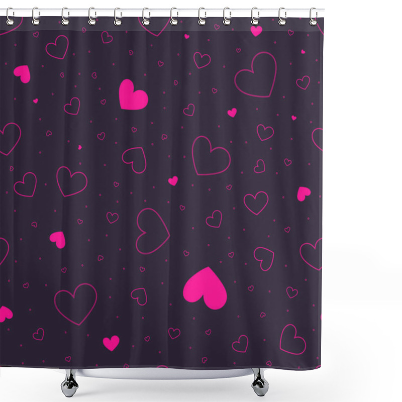 Personality  Vector Seamless Pattern Of Scattered Neon Pink Hearts On A Dark Moody Background. Illustration Of Hand-drawn Shapes Of Various Sizes. Shower Curtains