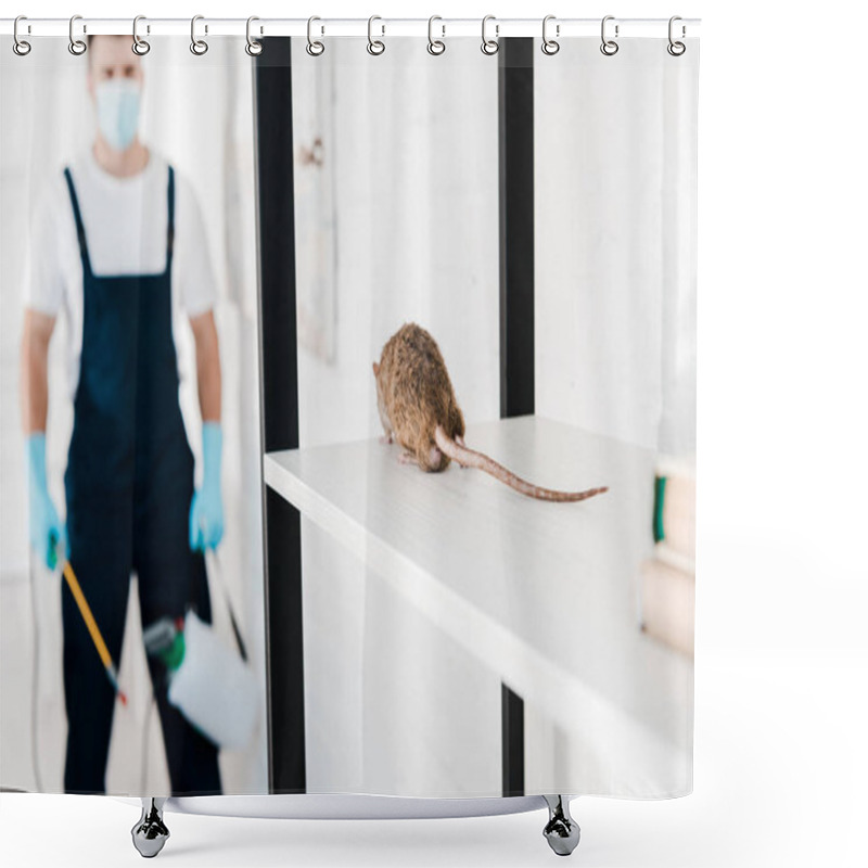 Personality  Selective Focus Of Rat Near Exterminator Holding Toxic Equipment  Shower Curtains