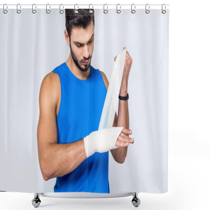 Personality  Young Man Covering Wrist With Bandage Isolated On White Shower Curtains