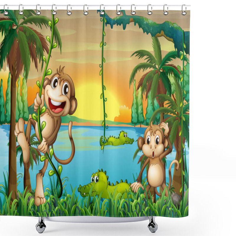 Personality  A Lake With Crocodiles And Monkeys Playing Shower Curtains