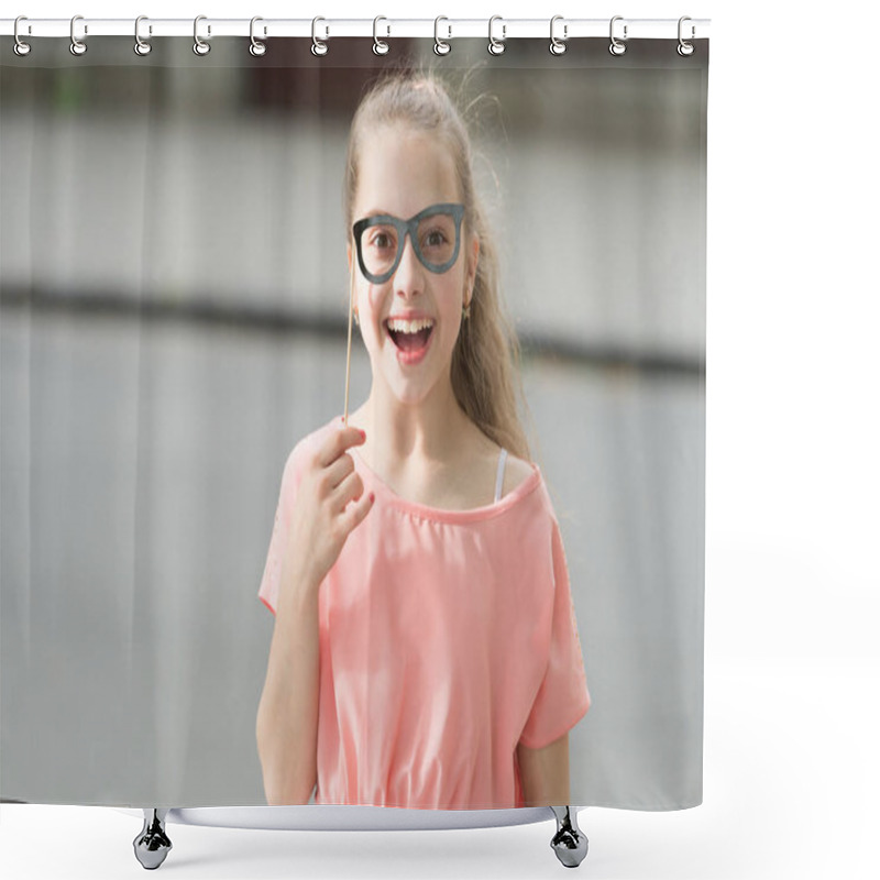 Personality  Nice Day To Have Fun With Photo Booth Props. Happiness Joy And Fun Concept. Kid Long Hair Happy Smile Face. Summer Holidays. Fun And Humor. Girl Carefree Child Having Fun. International Childrens Day Shower Curtains