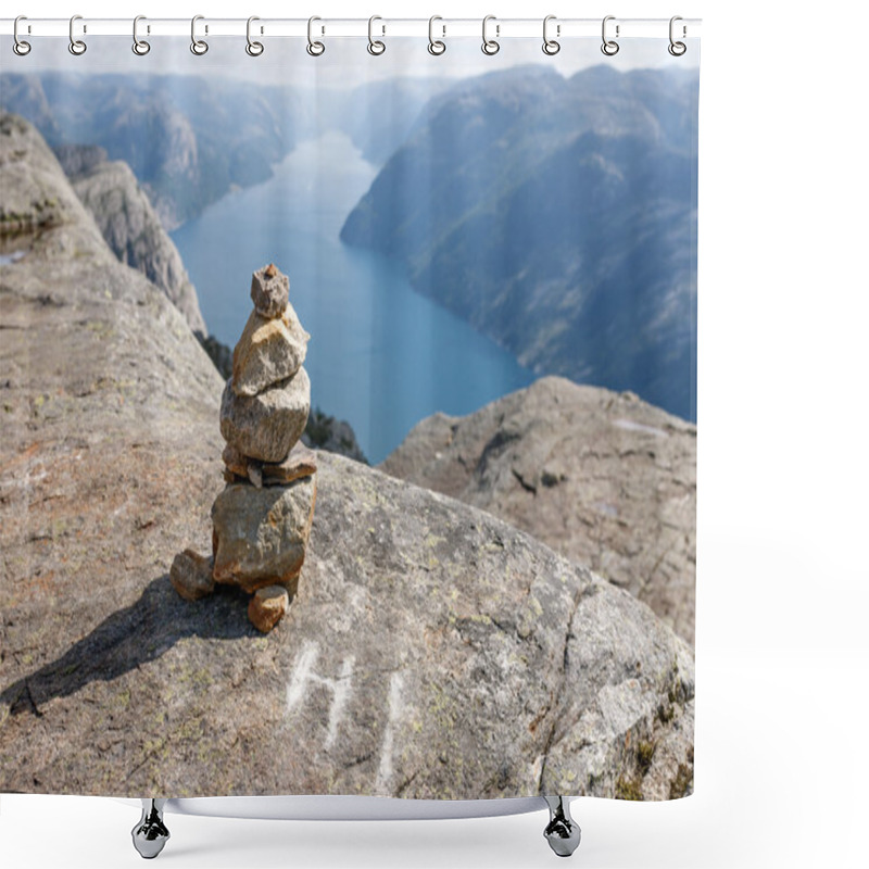 Personality  Stack Of Rocks With Mountain And Fjord View Shower Curtains