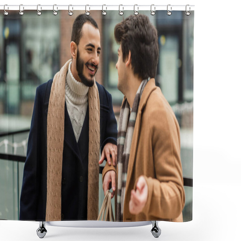 Personality  Bearded And Cheerful Gay Man In Black Coat And Scarf Talking To Young Boyfriend Outdoors Shower Curtains