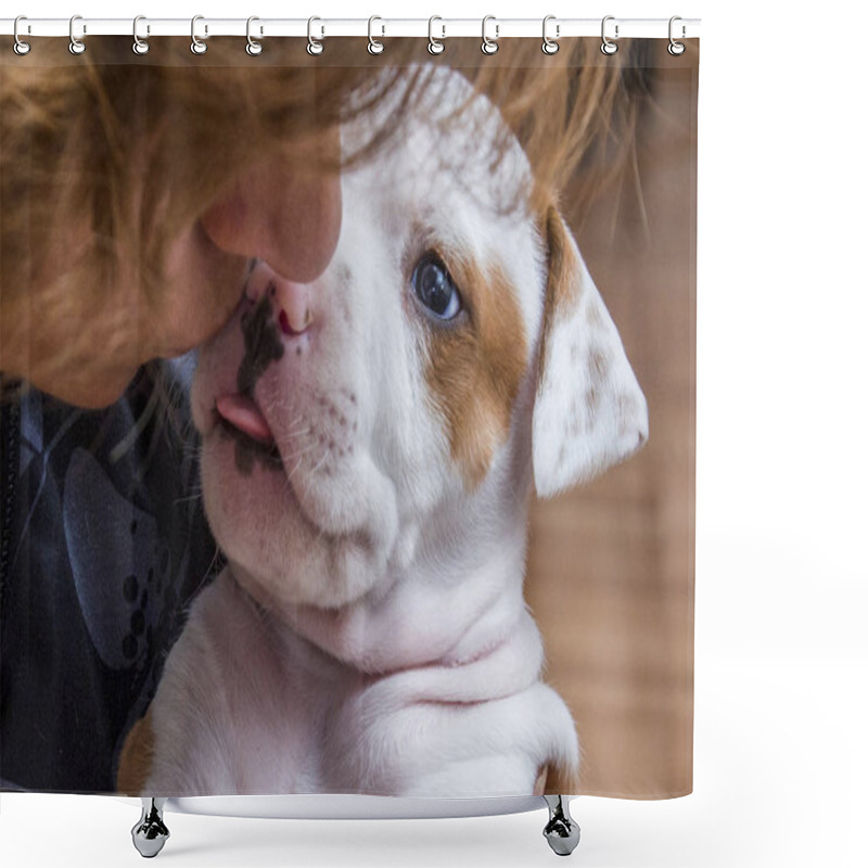 Personality  Cute Puppy/dog American Staffordshire Terrier Kissing A Woman, Close-up Shower Curtains