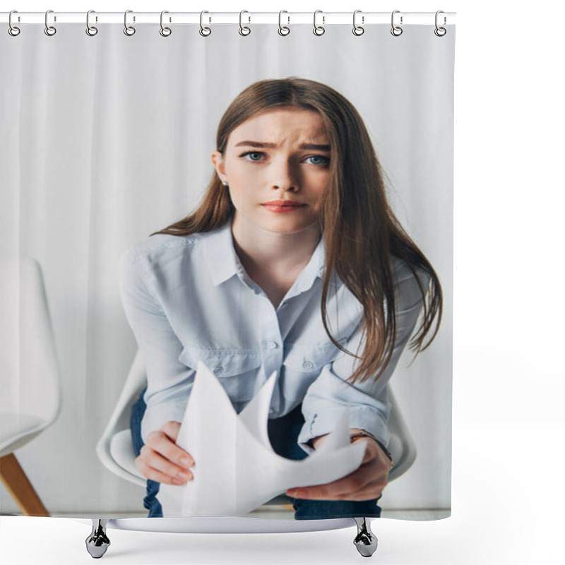 Personality  Selective Focus Of Stressed Candidate With Resume Looking At Camera In Office  Shower Curtains