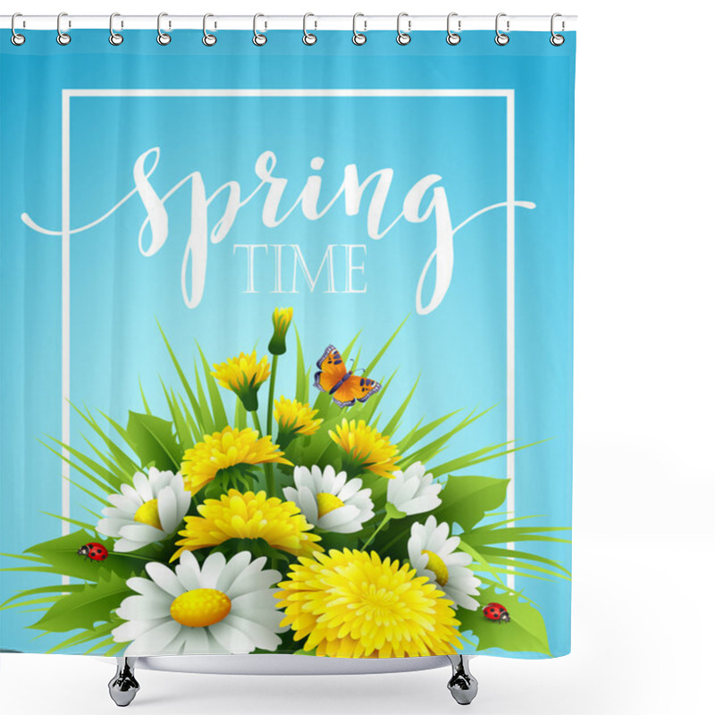 Personality  Fresh Spring Background With Grass, Dandelions And Daisies. Vector Illustration Shower Curtains