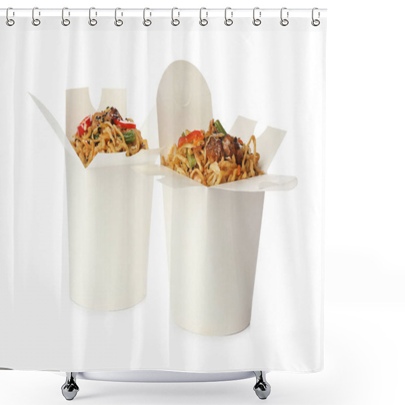 Personality  Boxes Of Wok Noodles With Vegetables And Meat Isolated On White Shower Curtains