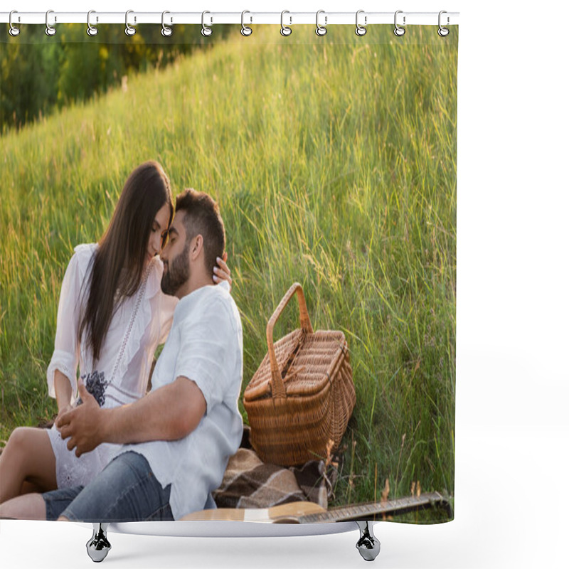 Personality  Happy Couple With Closed Eyes Embracing On Lawn Near Acoustic Guitar And Wicker Basket Shower Curtains