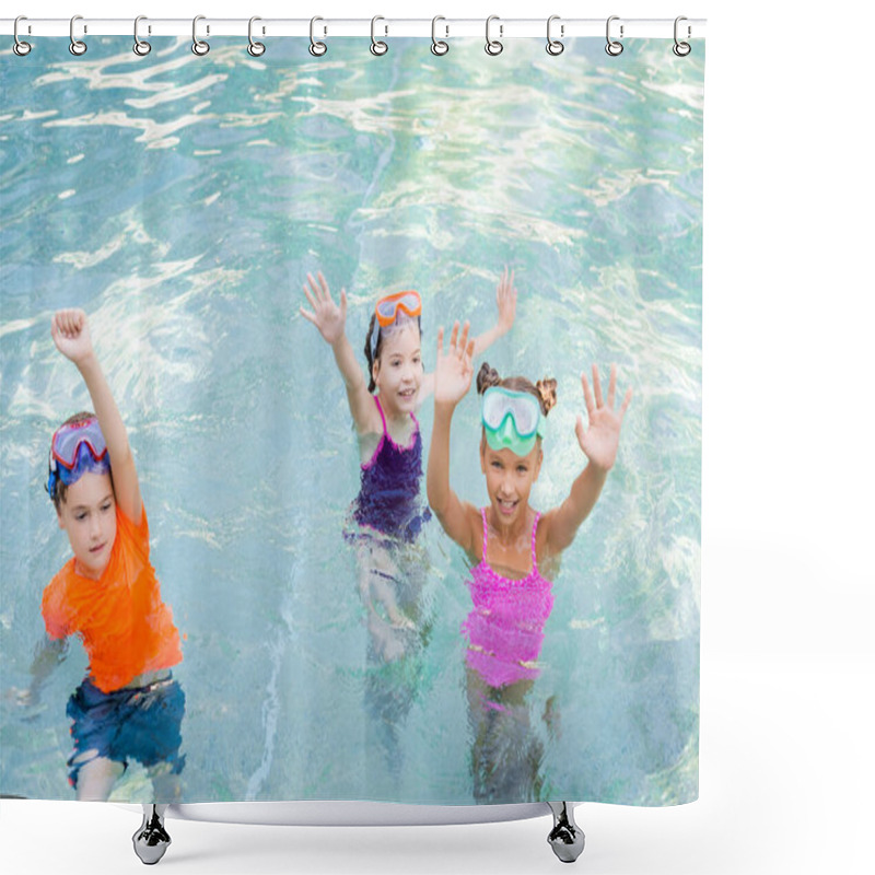 Personality  Girls Waving Hands And Boy Showing Winner Gesture While Having Fun In Pool Shower Curtains